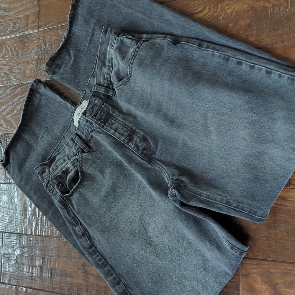 KANCAN I Distressed Knee Wide-Leg Faded Black Denim Button Fly Jeans, 11/29 L